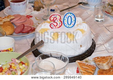 Celebration Of Birthday 30 Year With Cake Sausage Salad Cream Pie On Table Tasty