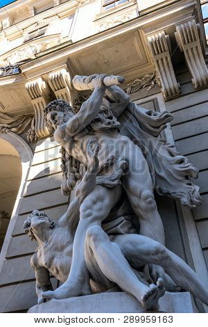 Austria, Vienna, Michaelerplatz. Sculptures Of The Statue On The Outer Wall Of The Michaelertrakt Fa