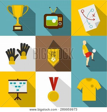 Football Club Icon Set. Flat Style Set Of 9 Football Club Icons For Web Design