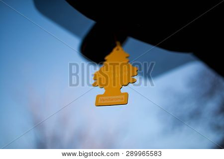 Miercurea Ciuc, Romania- 17 March 2019: Hanging Wunder Baum Air Freshener Close Up.