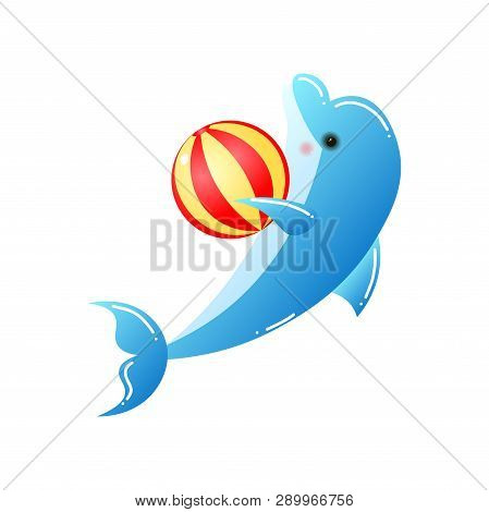 Bottlenose Smart Dolphin Playing With Ball Isolated On White Background