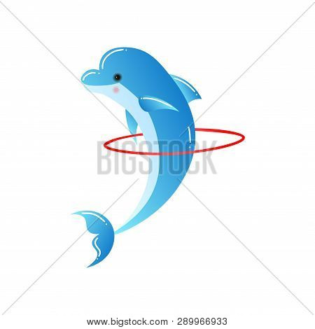 Bottlenose Smart Dolphin Showing Trick With Hoop Isolated On White Background