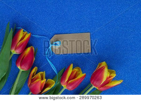 Red And Yellow Tulips On Blue Glitter Background With Copy Space