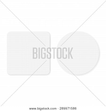 Two Blank White Round And Square Stickers Mockup Isolated On White Background. Vector Illustration