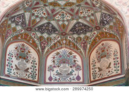 Jaipur, India - January 3, 2019: Detail Of Ganesh Gate In Amber Fort, Rajasthan State