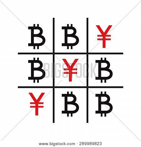 Tic-tac-toe Money Concept. Yuans And Bitcoins. Competition Between Currencies. Yuans Victory. Vector