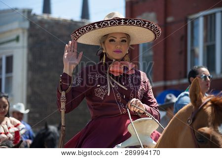 Chicago, Illinois, USA - May 07, 2017, The Cinco De Mayo Parade is held to remember the victory the Mexican forces had over the invading French army in the Battle of Puebla on 5 May, 1862.