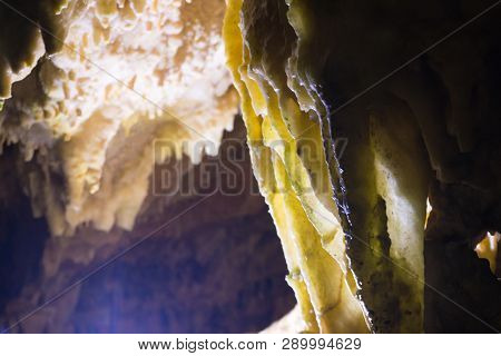 Impressive Formations Of The Stalactites And Stalagmites In Dirou Cave. Greek Destination .natural B