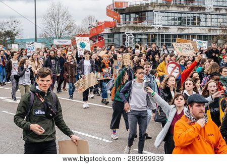 Strasbourg, France - Mar 15, 2019: Protesters With Placards On Closed Street At Demonstrations Again