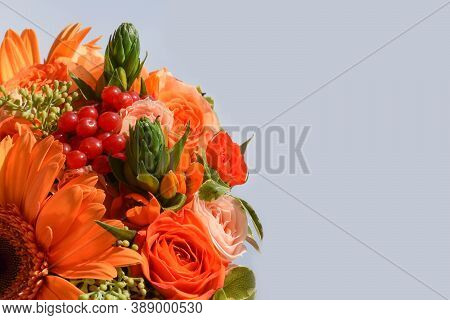 Flower Autumn Colors With Red Berries Of Viburnum,orange Gerbera,berries Of Eucalyptus,orange Ornith