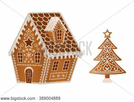 Gingerbread House With Christmas Tree. Christmas Cookies