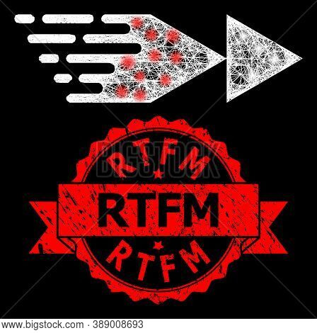 Glowing Mesh Web Rewind Forward With Glowing Spots, And Rtfm Scratched Ribbon Seal. Red Seal Has Rtf
