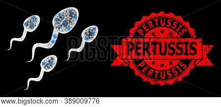 Glowing Mesh Polygonal Sperm Cells With Glowing Spots, And Pertussis Rubber Ribbon Stamp Seal. Red S