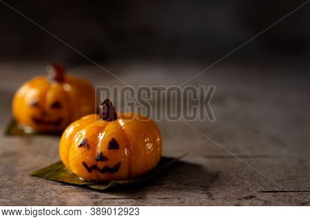 Steamed Halloween Cake Or Kueh In Pumpkin Shape