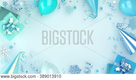 Winter Background, Happy New Year Decoration With Blue Balloon, Snowflakes, Gift Box, Party Hat, Con