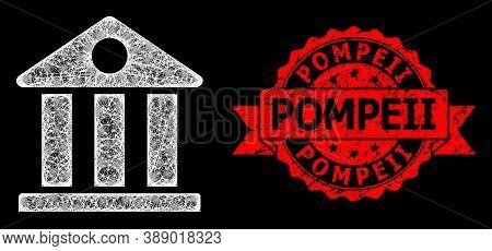 Glowing Mesh Polygonal Museum With Light Spots, And Pompeii Textured Ribbon Seal Imitation. Red Seal