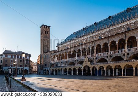 Padua, Italy - August 16 2020: Palazzo Della Ragione Palace On Piazza Della Frutta Square  With Torr