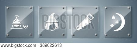 Set Moon And Stars, Hand Saw, Witch And Witch Cauldron And Magic Stone. Square Glass Panels. Vector
