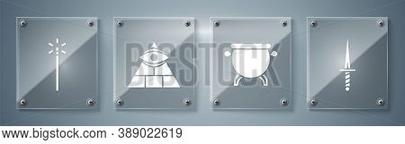 Set Dagger, Witch Cauldron, Masons And Magic Wand. Square Glass Panels. Vector