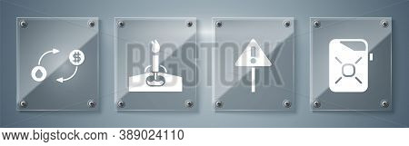 Set Canister For Motor Oil, Exclamation Mark In Triangle, Oil Rig With Fire And Oil Exchange. Square