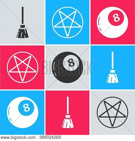 Set Witches Broom, Pentagram In A Circle And Magic Ball Of Predictions Icon. Vector
