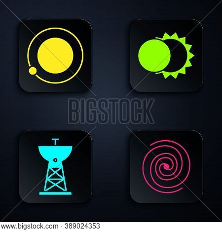 Set Black Hole, Satellites Orbiting The Planet Earth, Satellite Dish And Eclipse Of The Sun. Black S