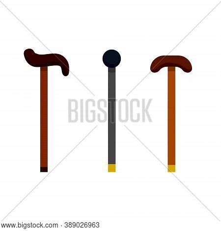 Walking Cane Of Senior. Wooden And Metal Stick. Cartoon Flat Illustration.