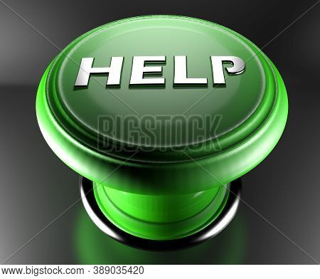 Help Green Push Button On Black Desk - 3d Rendering Illustration