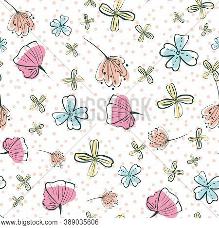 Doodle Girly Wildflowers Seamless Vector Pattern. Light Surface Print Design For Springtime Fabrics,