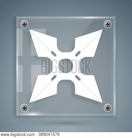 White Japanese Ninja Shuriken Icon Isolated On Grey Background. Square Glass Panels. Vector