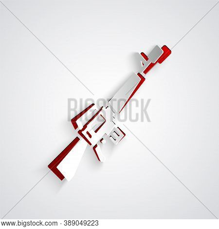 Paper Cut M16a1 Rifle Icon Isolated On Grey Background. Us Army M16 Rifle. Paper Art Style. Vector