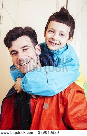 Faher And Son Together Having Fun At Home, Lifestyle Happy Family, People At Home
