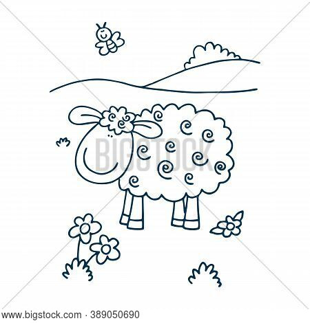 Coloring Pages With Cute Sheeps Gracing On Meadow And Shepherd With His Dog. Cartoon Vector Illustra