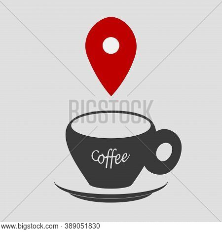 Set Of Icons Coffee Cup And Geo Position Mark In Black, Grey, Red Colors.
