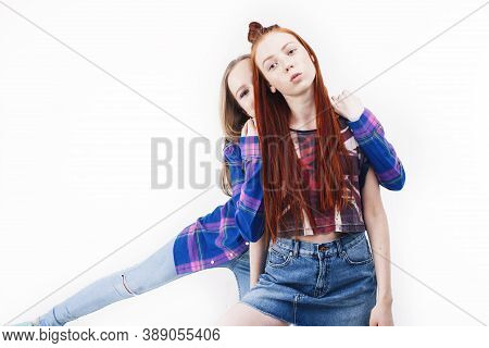 Best Friends Teenage Girls Together Having Fun, Posing Emotional On White Background, Besties Happy 