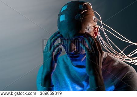 Contacts Connected To The Brain, Reading Brain Signals, Studying Intelligence And Brain Activity. A 