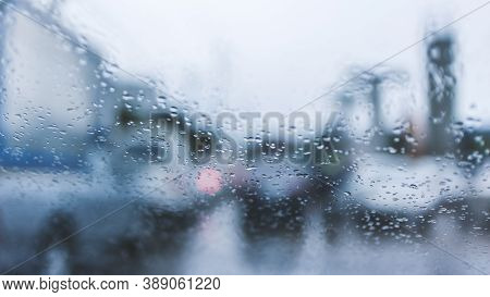 Driving Car On Road In The Rain With Raindrop Over The Wind Shield, Traffic Jam In Rainy Season