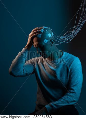 Bald Man With Electrodes In His Brain , Futuristic Concept, Cyberpunk Idea Of Transferring Conscious