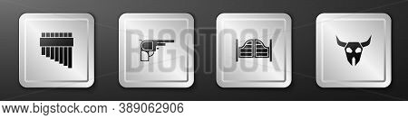 Set Pan Flute, Revolver Gun, Saloon Door And Buffalo Skull Icon. Silver Square Button. Vector