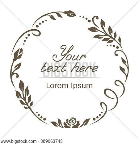 Dark Brown Round Frame With A Floral Pattern Of Leaves And Flowers (rose Buds) On A White Background