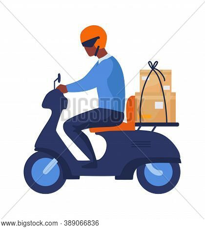 Postman Riding Motorbike. Cartoon Man Rides Scooter In Helmet With Parcel, Motorcyclist In Profile. 