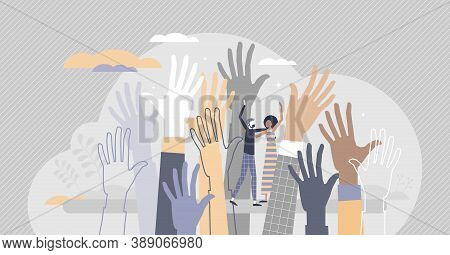 Social Diversity As Multicultural And Race Raised Hands Tiny Person Concept. Different Skin Color, V