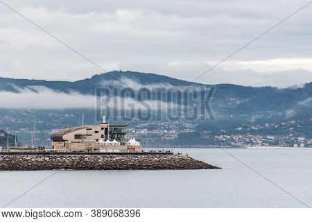 Panorama View Of Sanxenxo And Its Yacht Club At The End Of A Cloudy Summer Day In The Rias Baixas In