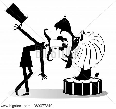 Circus, Deadly Trick, Tamer And Lion Illustration. Long Mustache Tamer With A Top Hat Is Getting His