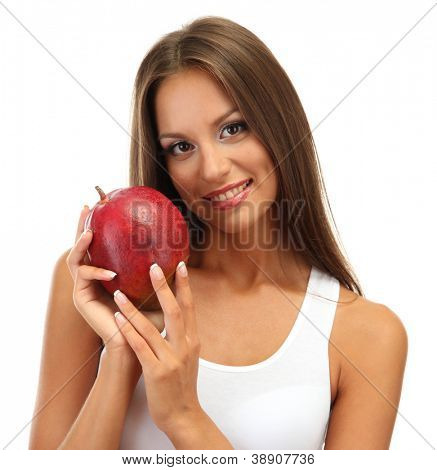 Eautiful junge Frau mit Mango, isolated on white