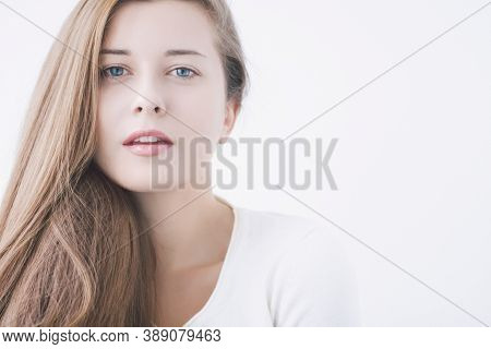Attractive Woman As Closeup Beauty Face Portrait, Young Girl With Natural Makeup Look And Long Hairs
