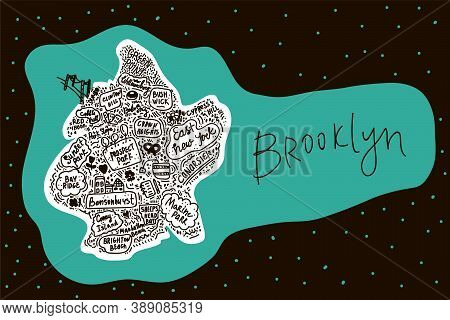 Vector Map Of Brooklyn New York Usa Flat Hand-drawn Illustration. American Attractions States, City,