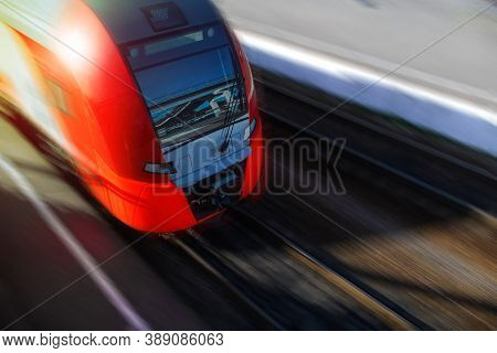 Modern High-speed Train In Motion, Close-up, Copy Space. Motion Blur