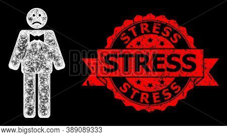 Glowing Mesh Network Sad Man With Glowing Spots, And Stress Textured Ribbon Seal Print. Red Stamp Se