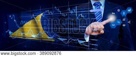 Businessman Touching Data Analytics Process System With Kpi Financial Charts, Dashboard Of Stock And
